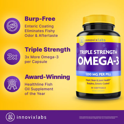 InnovixLabs Triple Strength Omega 3 Supplement, Burpless Fish Oil for Women and Men - 900 mg EPA & DHA, Brain & Joint Support, Award Winning & Third-Party Tested, 30 Softgels - PrimeBioHealth - canada supplements