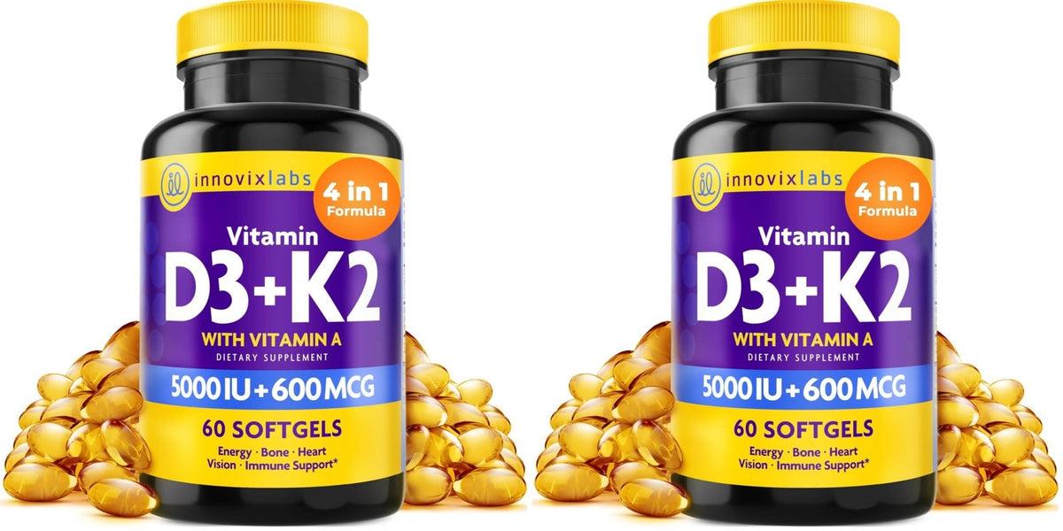 InnovixLabs Vitamin D3 K2-5000 IU Vitamin D3 Plus 600 mcg Vitamin K2 MK4 and MK7 for Max Calcium Absorption, Supports Bone, Immune, Heart Health, 3rd Party Tested, Gluten Free, 60 Softgels - PrimeBioHealth - canada supplements