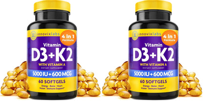 InnovixLabs Vitamin D3 K2-5000 IU Vitamin D3 Plus 600 mcg Vitamin K2 MK4 and MK7 for Max Calcium Absorption, Supports Bone, Immune, Heart Health, 3rd Party Tested, Gluten Free, 60 Softgels - PrimeBioHealth - canada supplements