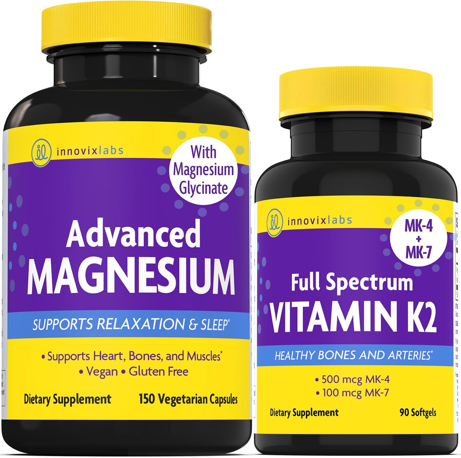InnovixLabs Vitamin K2 & Magnesium Bundle Full Spectrum Vitamin K2 (90 softgels) Advanced Magnesium (150 Time-Release Capsules). Supports Healthy Bones & Arteries. * - PrimeBioHealth - canada supplements