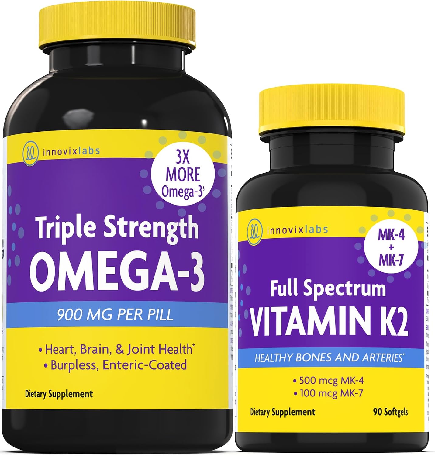 InnovixLabs Vitamin K2 & Triple Omega Bundle Full Spectrum Vitamin K2 (90 Softgels) Triple Strength Omega-3 Fish Oil (200 Softgels). Supports Healthy Bones, Arteries and Joints. * - PrimeBioHealth - canada supplements