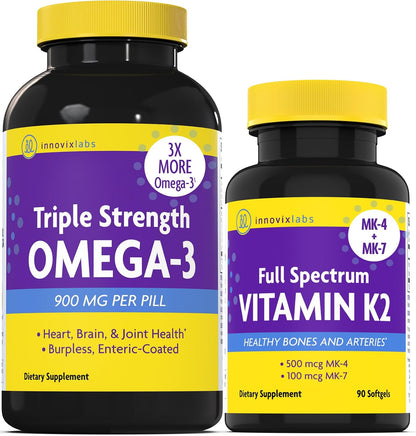 InnovixLabs Vitamin K2 & Triple Omega Bundle Full Spectrum Vitamin K2 (90 Softgels) Triple Strength Omega-3 Fish Oil (200 Softgels). Supports Healthy Bones, Arteries and Joints. * - PrimeBioHealth - canada supplements