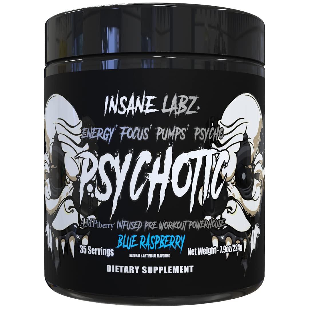 Insane Labz Psychotic Black Edition Mid Stimulant Pre Workout Powder, Energy Focus Pumps, Loaded with Creatine Beta Alanine Taurine Fueled by AMPiberry, 35 Servings (Blue Raspberry) - PrimeBioHealth - canada supplements