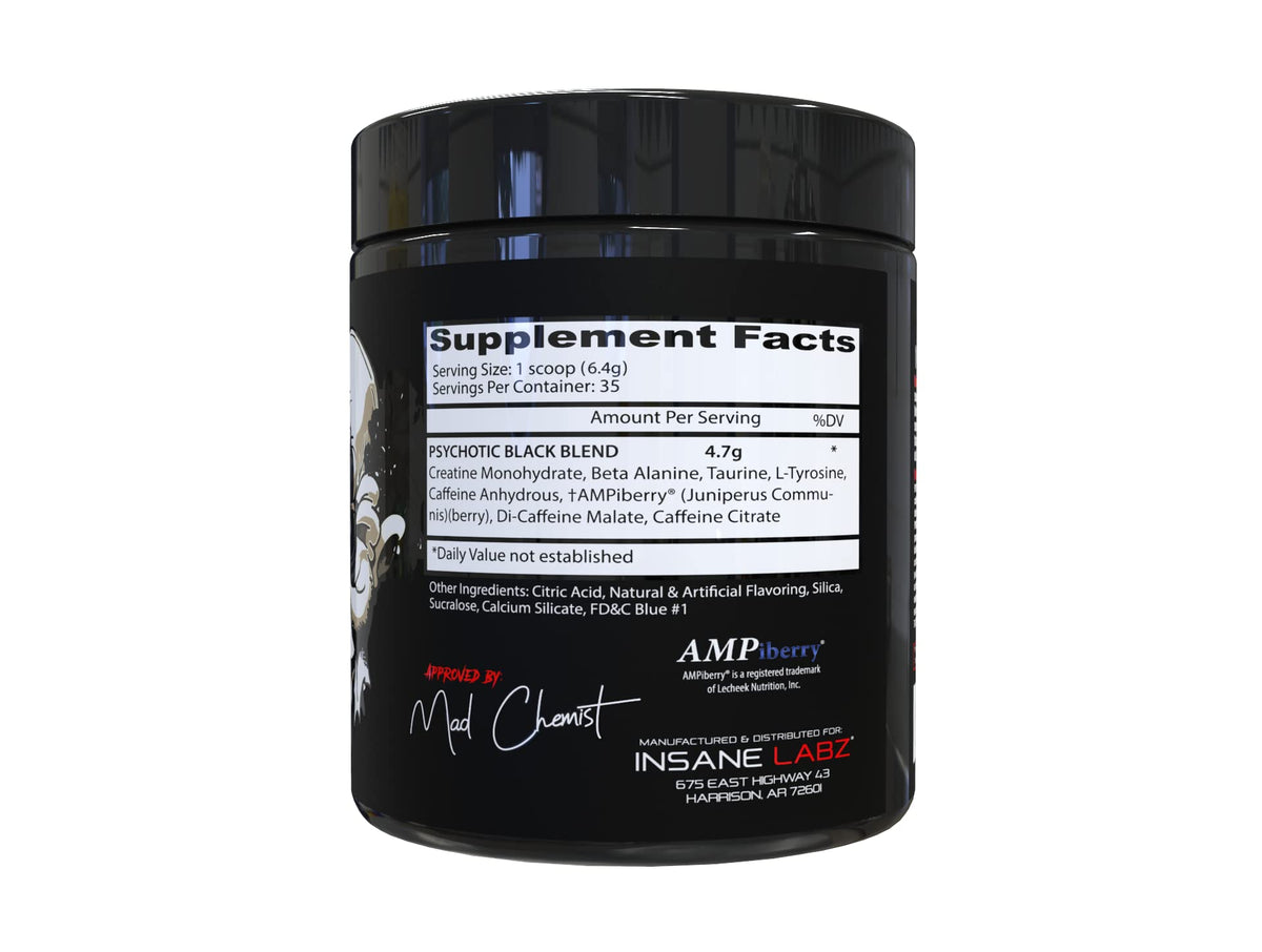Insane Labz Psychotic Black Edition Mid Stimulant Pre Workout Powder, Energy Focus Pumps, Loaded with Creatine Beta Alanine Taurine Fueled by AMPiberry, 35 Servings (Blue Raspberry) - PrimeBioHealth - canada supplements