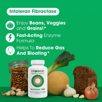 Intoleran Fibractase 1200 Digestive Enzymes - 108 Capsules | Supplement for Fructans & Galactans Intolerance | Helps Digest Carbohydrates; Grains, Legumes - PrimeBioHealth - canada supplements