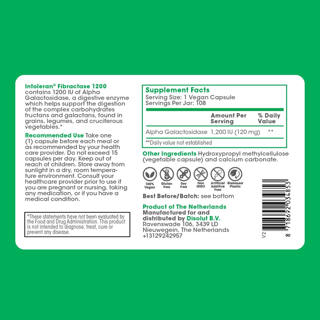 Intoleran Fibractase 1200 Digestive Enzymes - 108 Capsules | Supplement for Fructans & Galactans Intolerance | Helps Digest Carbohydrates; Grains, Legumes - PrimeBioHealth - canada supplements