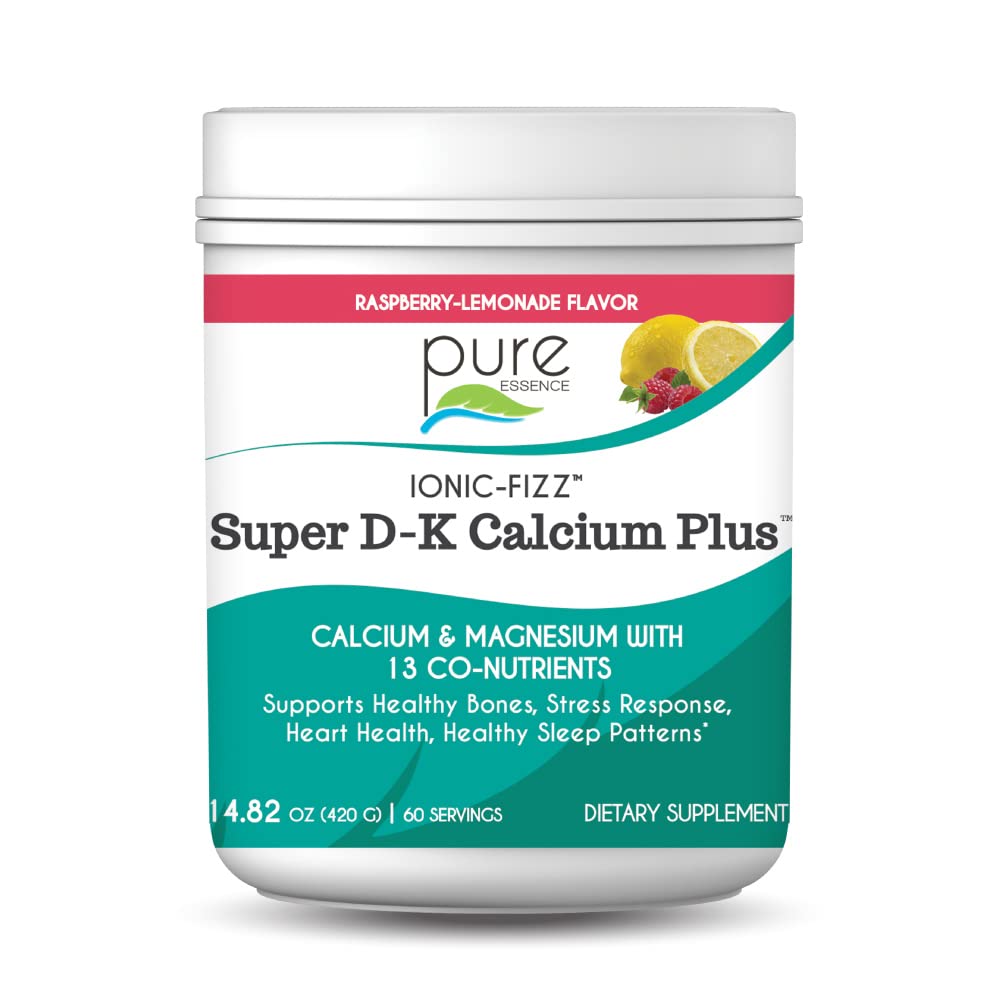 Ionic Fizz Super D-K Calcium Plus by Pure Essence - with Extra Magnesium, Vitamin D3, Vitamin K2 for Strong Bones and Stress Support - Raspberry Lemonade - 14.82oz - PrimeBioHealth - canada supplements