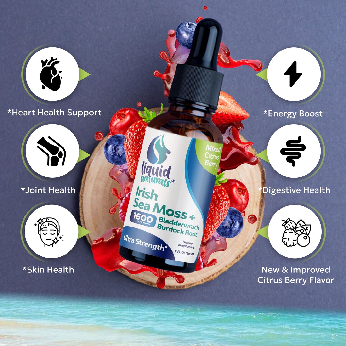 Irish Sea Moss Drops - Citrus Berry Flavor - 92+ Essential Minerals & Vitamins - Energy, Skin, Gut, Recovery - Bladderwrack and Burdock Root - 2 fl. oz - PrimeBioHealth - canada supplements