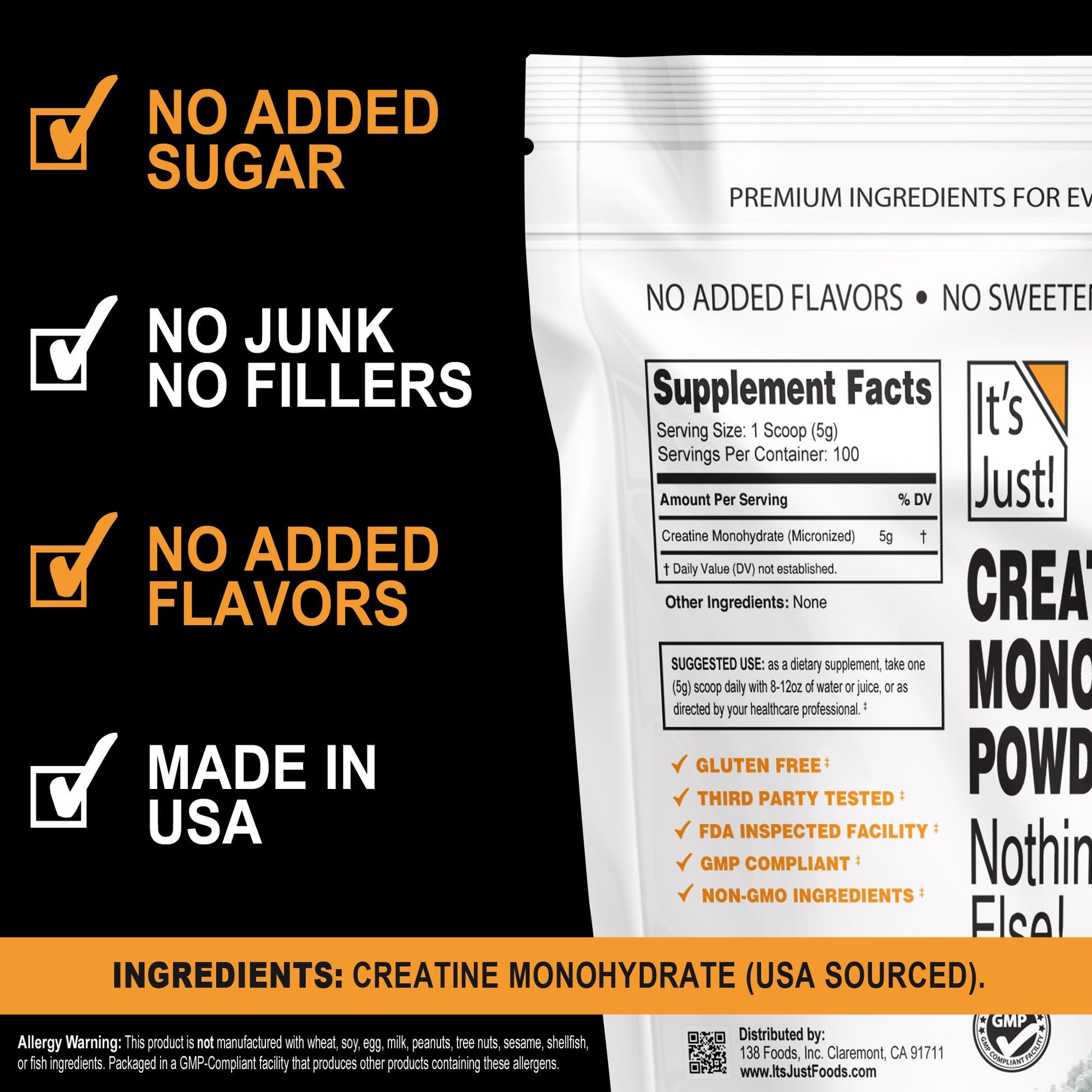 It's Just! - Creatine Monohydrate Powder, Pure Creatine Powder, Made in USA, 3rd Party Lab Tested, 5g Per Serving, Scoop Included, No Fillers, No Added Flavor (Unflavored, 500g / 100 Servings) - PrimeBioHealth - canada supplements