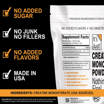It's Just! - Creatine Monohydrate Powder, Pure Creatine Powder, Made in USA, 3rd Party Lab Tested, 5g Per Serving, Scoop Included, No Fillers, No Added Flavor (Unflavored, 500g / 100 Servings) - PrimeBioHealth - canada supplements