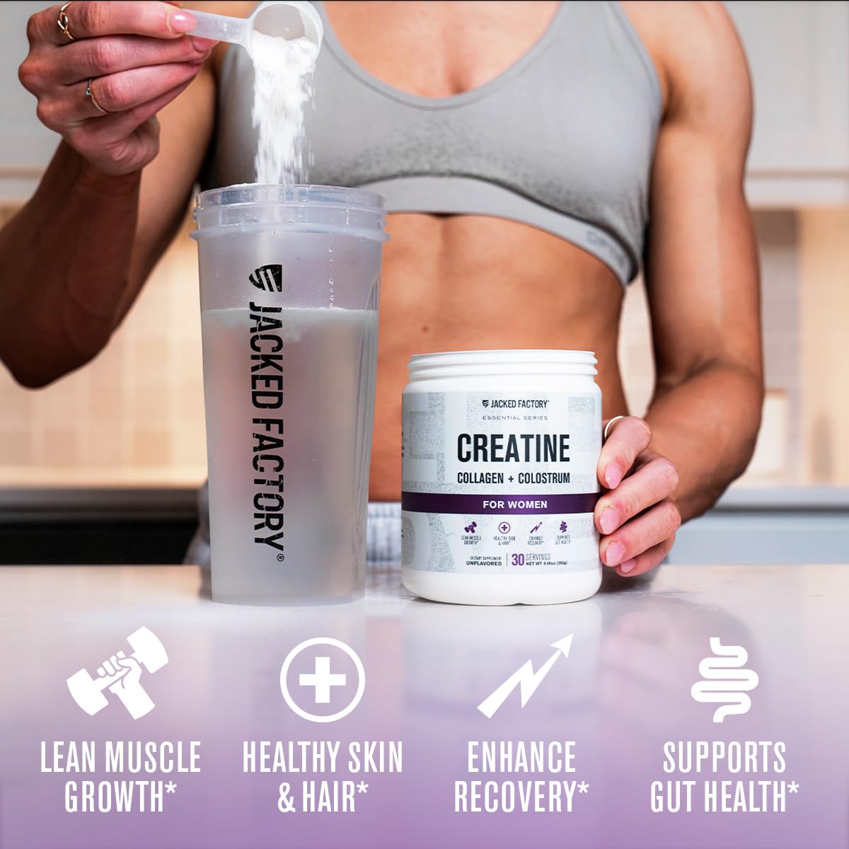 Jacked Factory Creatine for Women - Creatine Monohydrate with Collagen + Colostrum to Support Workout Performance, Lean Muscle Growth, Healthy Hair, Skin, - PrimeBioHealth - canada supplements