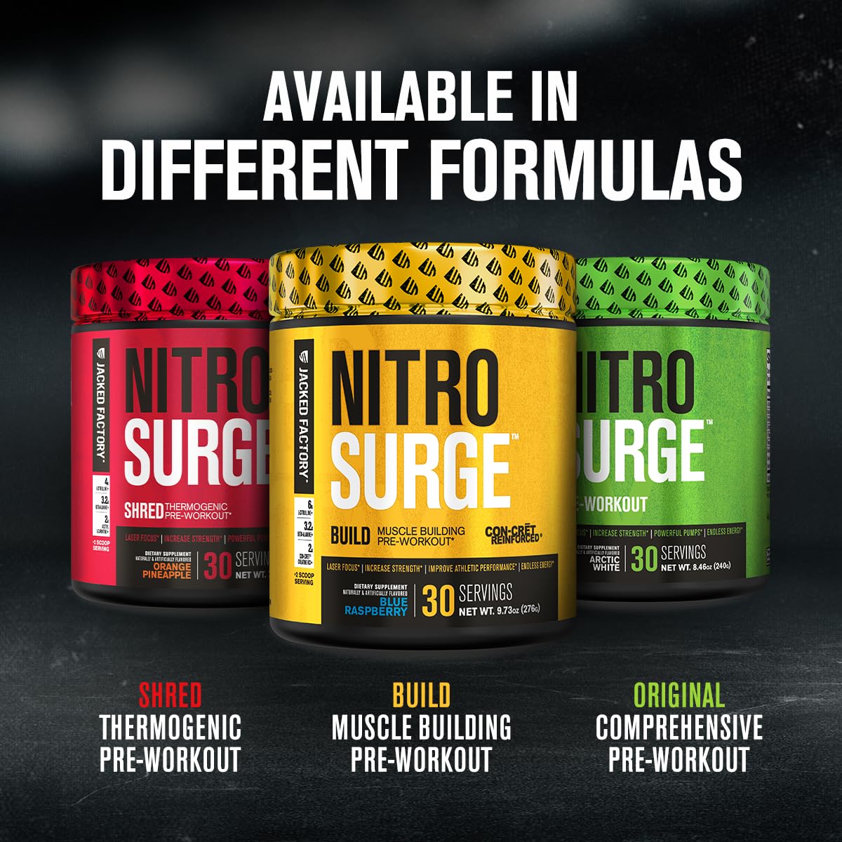 Jacked Factory Nitrosurge Build Pre Workout with Creatine for Muscle Building - Con Cret Creatine Powder & elevATP for Intense Energy, Powerful Pump - PrimeBioHealth - canada supplements