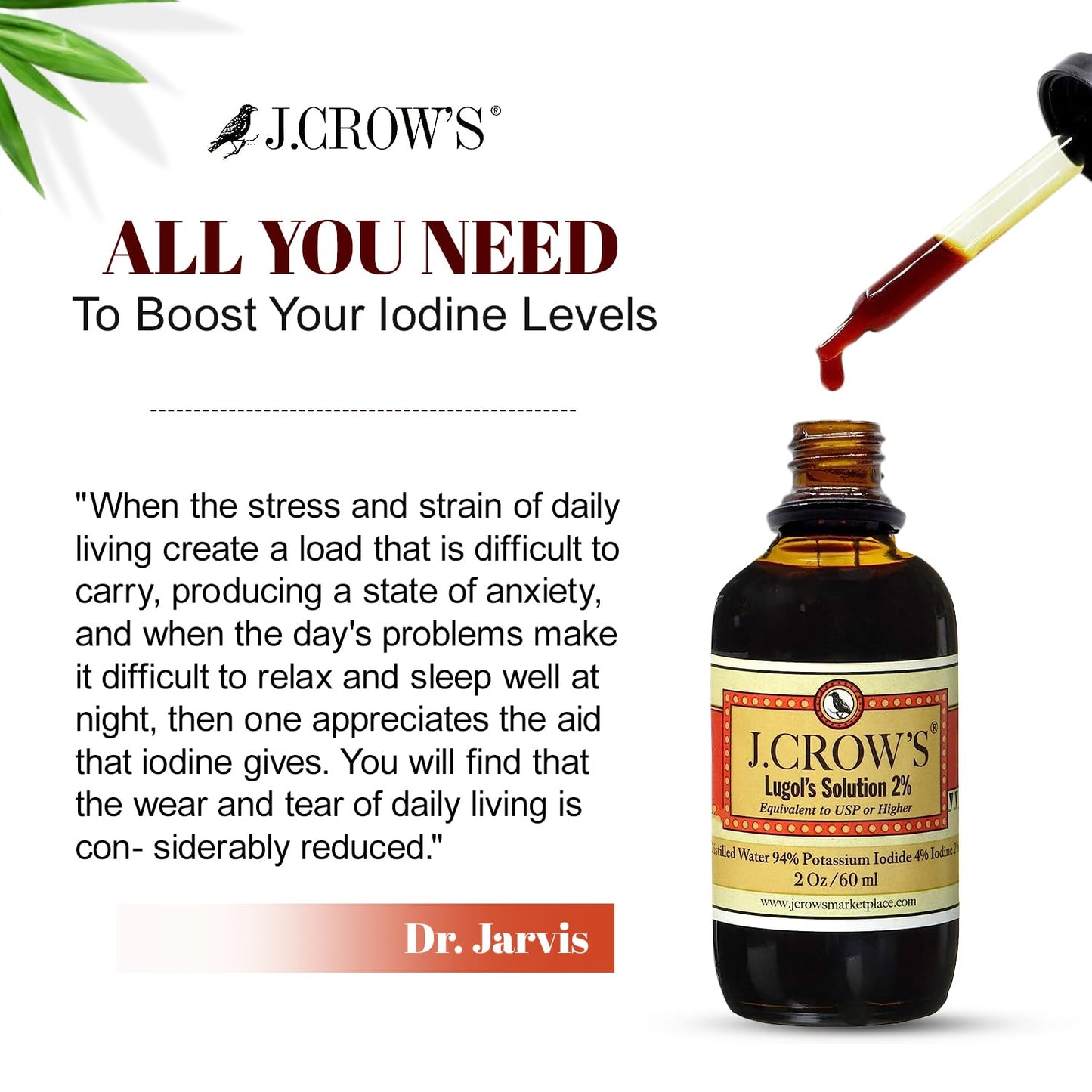 J.CROW'S® Lugol's Solution of Iodine 2% 2 oz (1 Bottle) – Premium Iodine & Potassium Iodide Liquid, Gluten - PrimeBioHealth - canada supplements
