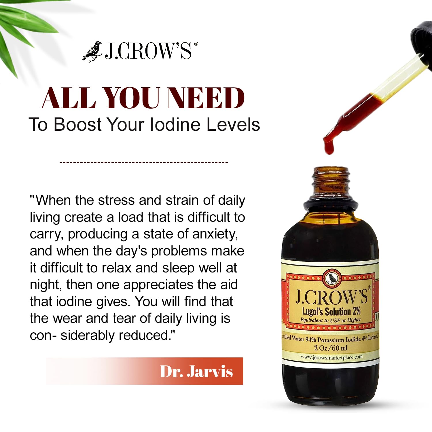 J.CROW'S® Lugol's Solution of Iodine 2% 2 oz (1 Bottle) – Premium Iodine & Potassium Iodide Liquid, Gluten - PrimeBioHealth - canada supplements