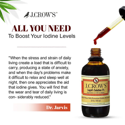 J.CROW'S® Lugol's Solution of Iodine 2% 2 oz (1 Bottle) – Premium Iodine & Potassium Iodide Liquid, Gluten - PrimeBioHealth - canada supplements
