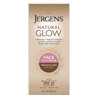 Jergens Natural Glow Self Tanner Face Moisturizer with SPF 20 Facial Sunscreen, Medium to Deep Skin Tone, Sunless Tanning, Oil Free - PrimeBioHealth - canada supplements