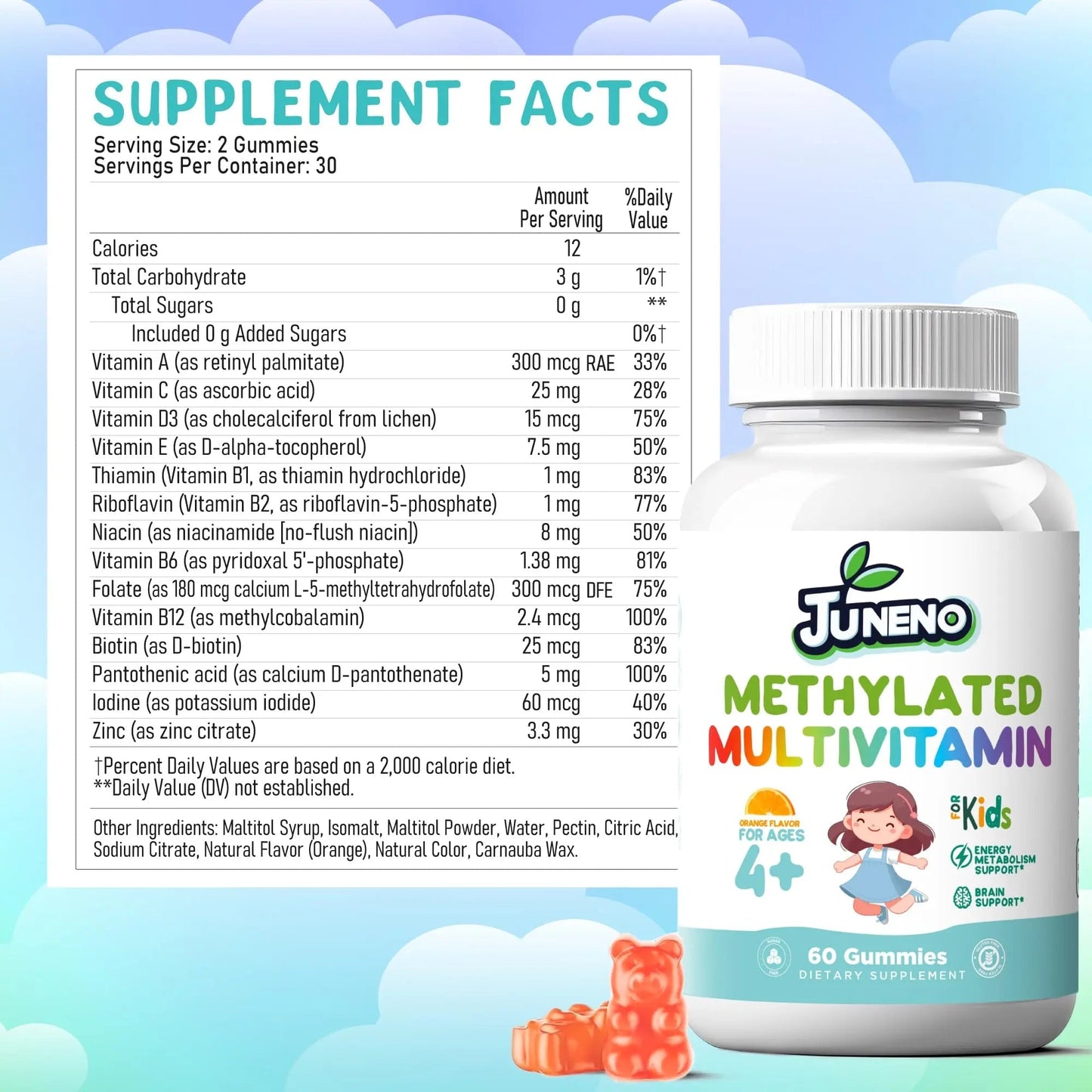 Juneno Methylated Multivitamin Gummies for Kids - MTHFR Support Supplement with B Complex 5-MTHF Folate (L-Methylfolate) - PrimeBioHealth - canada supplements