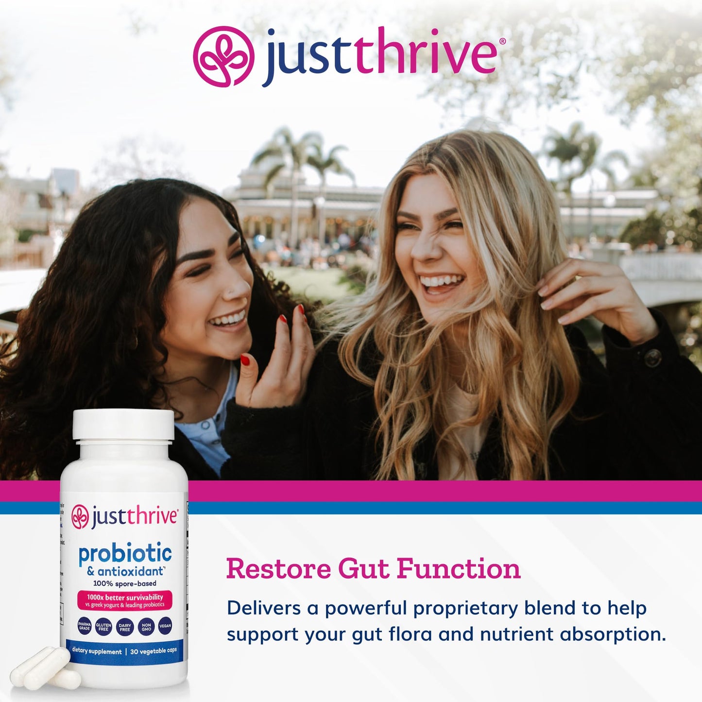 Just Thrive Probiotic & Antioxidant Supplement - 100% Spore-Based Digestive and Immune Support - Gluten Free, 30 Caps - PrimeBioHealth - canada supplements