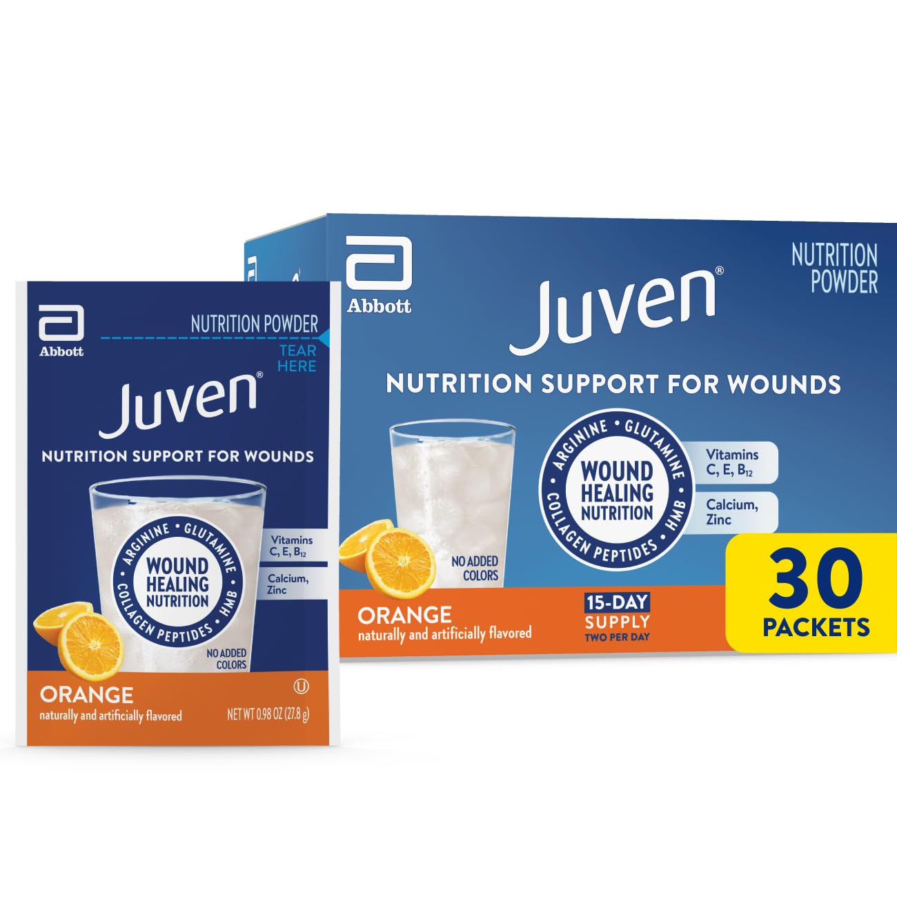 Juven Therapeutic Nutrition Drink Powder Including Collagen Peptides, Amino Acids, and HMB for Wound Healing Support, Orange, 30 Packets - PrimeBioHealth - canada supplements