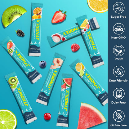 JYNOREX Electrolytes Powder Packets Sugar Free, 30 Sticks High Sodium Hydration Packets, Electrolyte Drink Mix with Lemon Lime Watermelon Peach Berry Kiwi - PrimeBioHealth - canada supplements