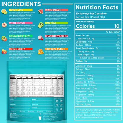 JYNOREX Electrolytes Powder Packets Sugar Free, 30 Sticks High Sodium Hydration Packets, Electrolyte Drink Mix with Lemon Lime Watermelon Peach Berry Kiwi - PrimeBioHealth - canada supplements