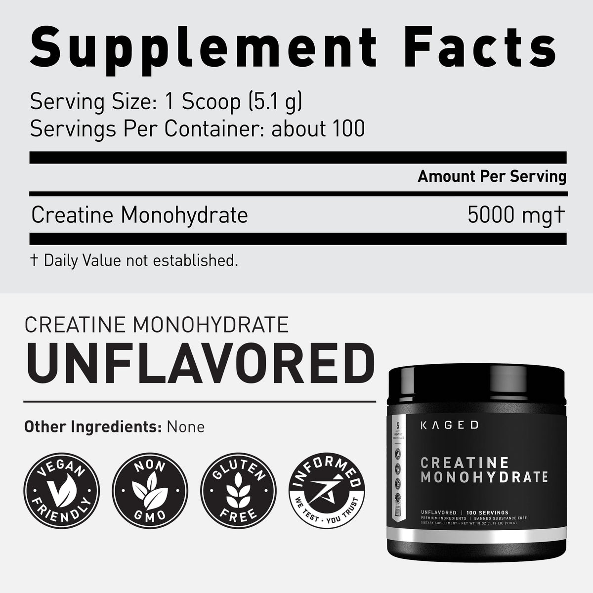 Kaged Creatine Monohydrate Micronized Powder | Unflavored | Muscle Building & Recovery | 5000 mg Per Serving | Vegan, Gluten Free, Easily Digestible - PrimeBioHealth - canada supplements