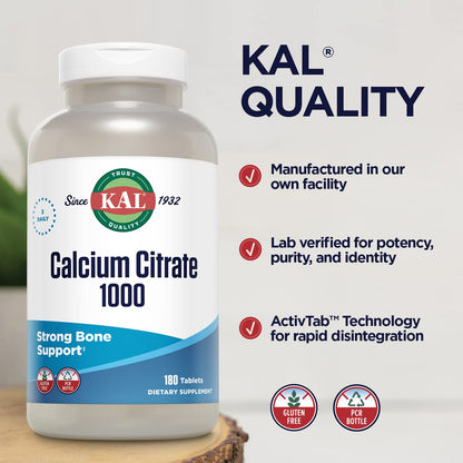 KAL Calcium Citrate 1000mg, Calcium Supplements for Women and Men, Bone Health, Teeth, Nervous, Muscular & Cardiovascular System Support, Gluten Free and Lab Verified, 60 Servings, 180 Tablets - PrimeBioHealth - canada supplements