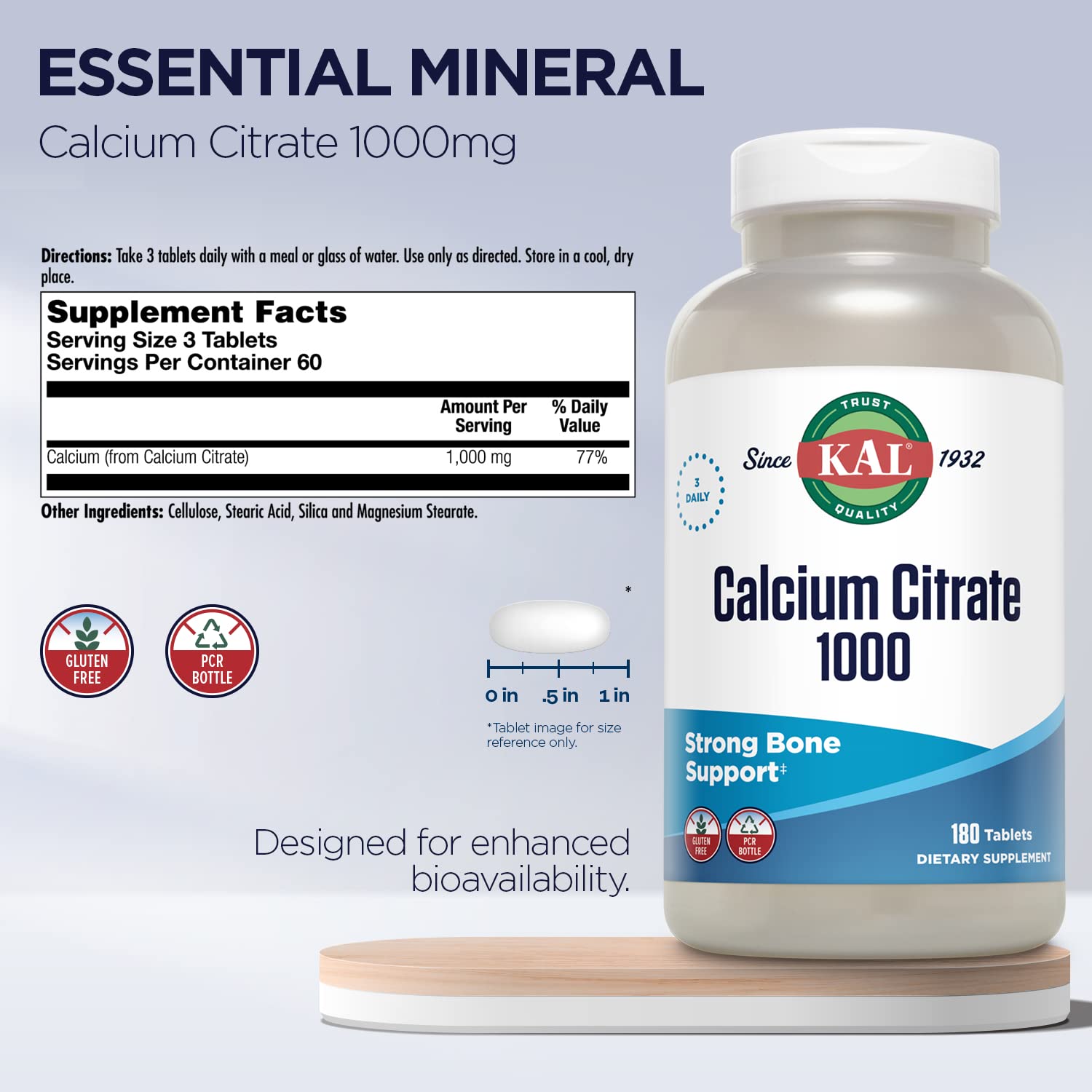 KAL Calcium Citrate 1000mg, Calcium Supplements for Women and Men, Bone Health, Teeth, Nervous, Muscular & Cardiovascular System Support, Gluten Free and Lab Verified, 60 Servings, 180 Tablets - PrimeBioHealth - canada supplements