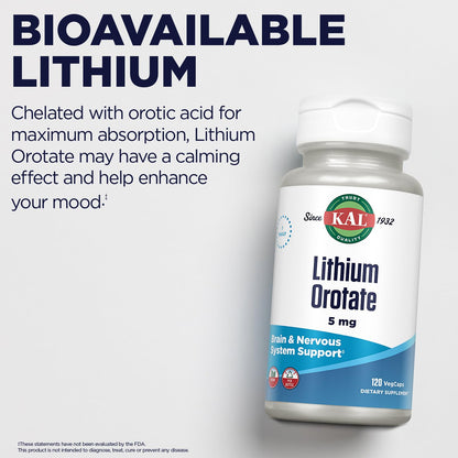 KAL Lithium Orotate 5 milligrams | Low Serving Of Chelated Lithium Orotate For Bioavailability and Mood Support | In Organic Rice Bran Extract Base | 120 VegCaps - PrimeBioHealth - canada supplements