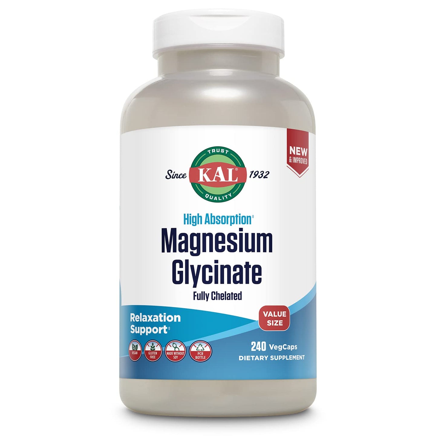 KAL Magnesium Glycinate, New & Improved Fully Chelated High Absorption Formula with BioPerine, Bisglycinate Chelate for Stress, Relaxation, Muscle & Bone Health Support, 60 Servings, 240 VegCaps - PrimeBioHealth - canada supplements