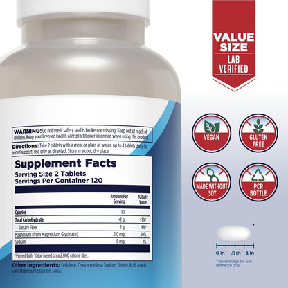 KAL Magnesium Glycinate Tablets, Fully Chelated, High Absorption Formula with Magnesium Bisglycinate Chelate for Nerve, Muscle & Bone Health Support, Vegan, Gluten Free, Value Size, 240 Tablets - PrimeBioHealth - canada supplements