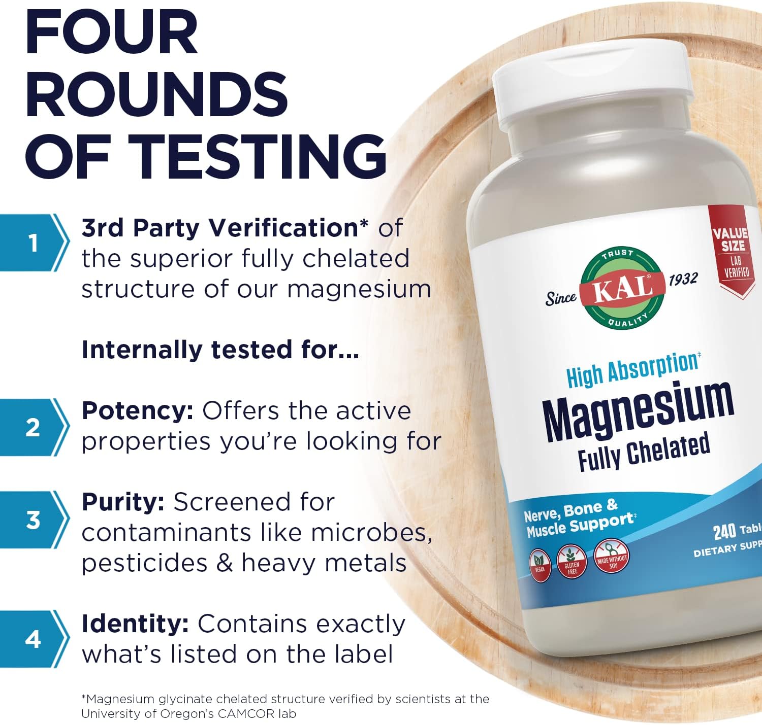 KAL Magnesium Glycinate Tablets, Fully Chelated, High Absorption Formula with Magnesium Bisglycinate Chelate for Nerve, Muscle & Bone Health Support, Vegan, Gluten Free, Value Size, 240 Tablets - PrimeBioHealth - canada supplements