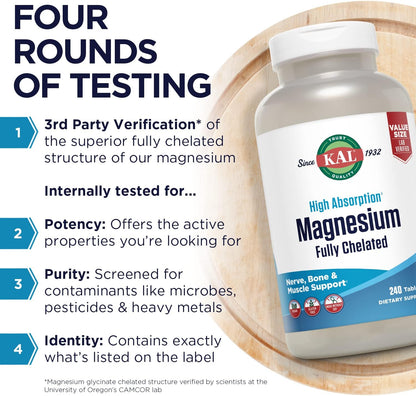 KAL Magnesium Glycinate Tablets, Fully Chelated, High Absorption Formula with Magnesium Bisglycinate Chelate for Nerve, Muscle & Bone Health Support, Vegan, Gluten Free, Value Size, 240 Tablets - PrimeBioHealth - canada supplements