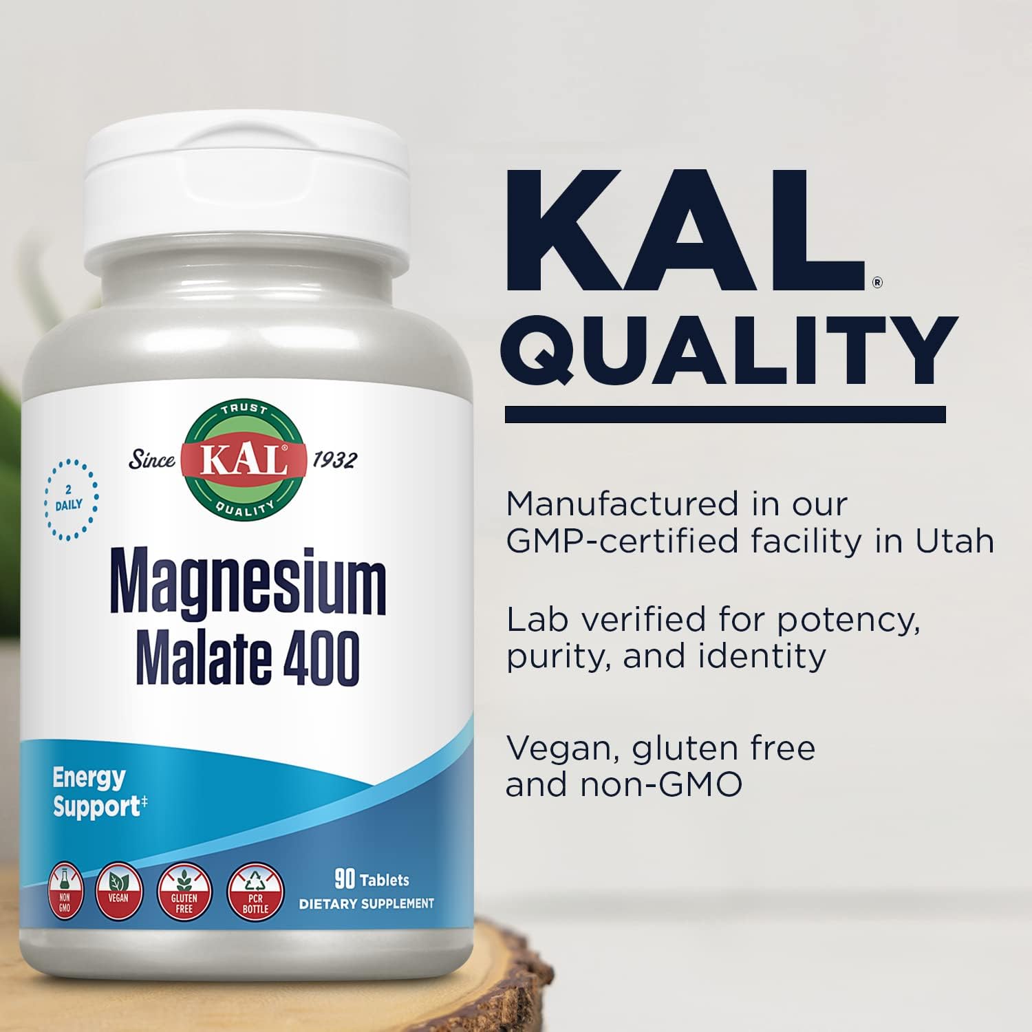 KAL Magnesium Malate 400mg, Chelated Magnesium Supplement with Malic Acid, Healthy Energy & Muscle Function Support, Enhanced Absorption, Vegan, Non-GMO, 45 Servings, 90 Veg Tabs - PrimeBioHealth - canada supplements