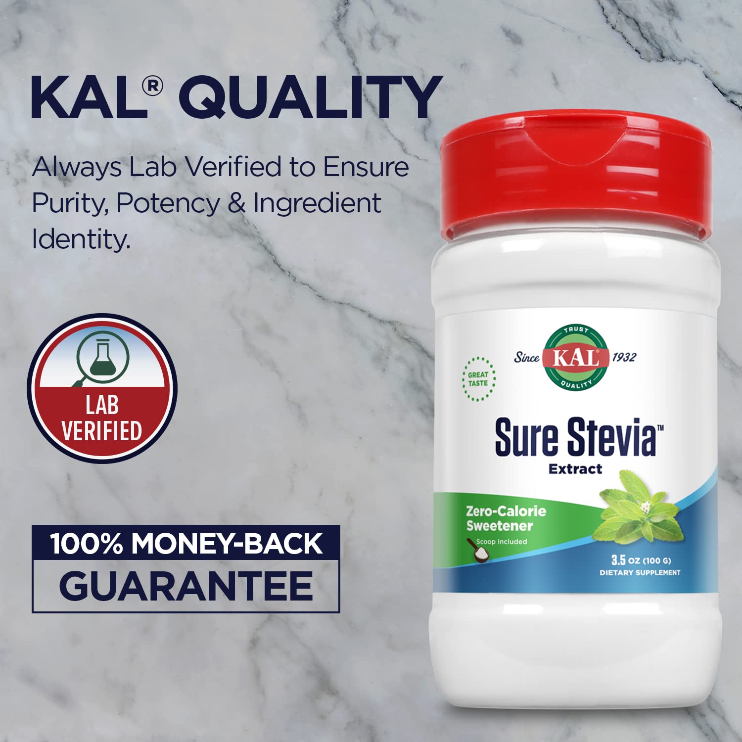 KAL Sure Stevia Extract Powder, Low Carb, Plant Based Stevia Sweetener, Great Taste, Zero Calories, Zero Sugar, Low Glycemic & Perfect for a Keto Diet, 60-Day Guarantee, Approx. 1820 Servings, 3.5oz - PrimeBioHealth - canada supplements