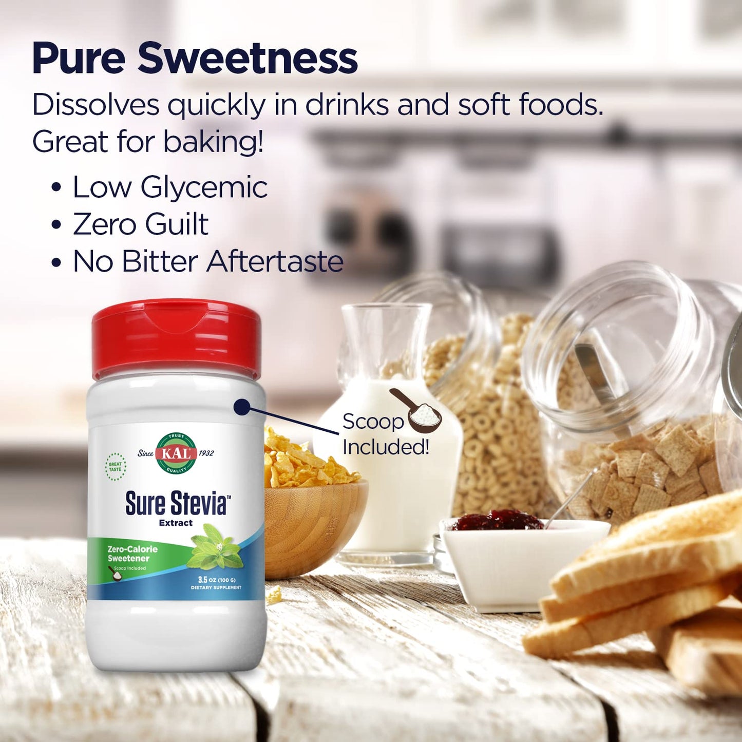 KAL Sure Stevia Extract Powder, Low Carb, Plant Based Stevia Sweetener, Great Taste, Zero Calories, Zero Sugar, Low Glycemic & Perfect for a Keto Diet, 60-Day Guarantee, Approx. 1820 Servings, 3.5oz - PrimeBioHealth - canada supplements