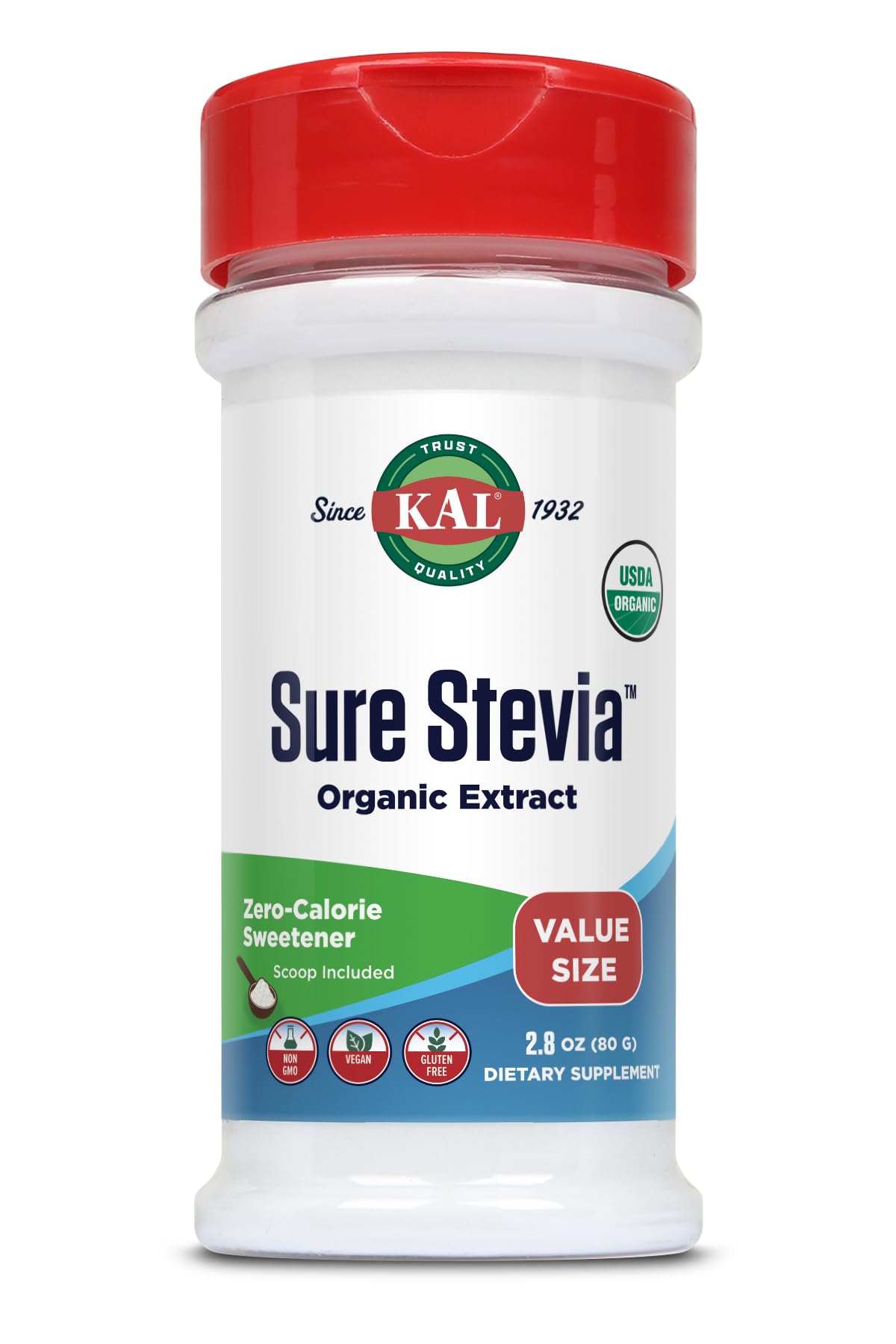 KAL Sure Stevia Extract Powder, Low Carb, Plant Based Stevia Sweetener, Great Taste, Zero Calories, Zero Sugar, Low Glycemic & Perfect for a Keto Diet, 60-Day Guarantee, Approx. 1820 Servings, 3.5oz - PrimeBioHealth - canada supplements