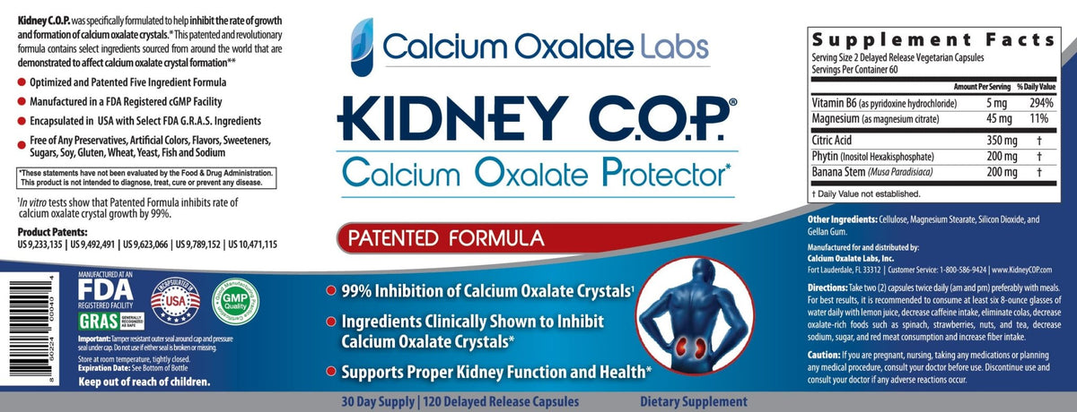 KIDNEY C.O.P. Calcium Oxalate Protector 120 Capsules, Patented Kidney Support for Calcium Oxalate Crystals, Stop Recurrence - PrimeBioHealth - canada supplements