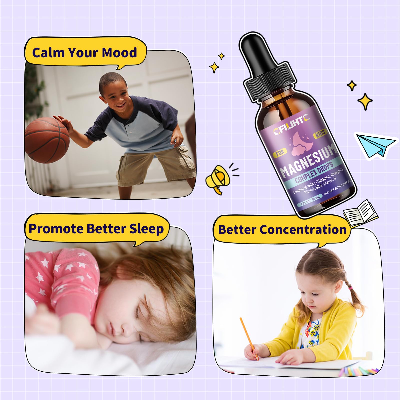 Kids Magnesium Liquid Drops-Magnesium Glycinate Liquid for Kids Supplement-w/L-theanine, Omega-3, Vitamin B6, D3 - for Sleep, Relaxation, Brain, Bones - PrimeBioHealth - canada supplements
