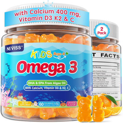Kids Omega 3 Gummies + Calcium 400mg + Vitamin D3 K2 + C, Omega-3 DHA & EPA Supplement - No Fish Burps, No Sugar - Kids & Teens Omega 3 + Multivitamin Gummy for Strong Bones, Brain, Immune, Eye, 2Pack - PrimeBioHealth - canada supplements