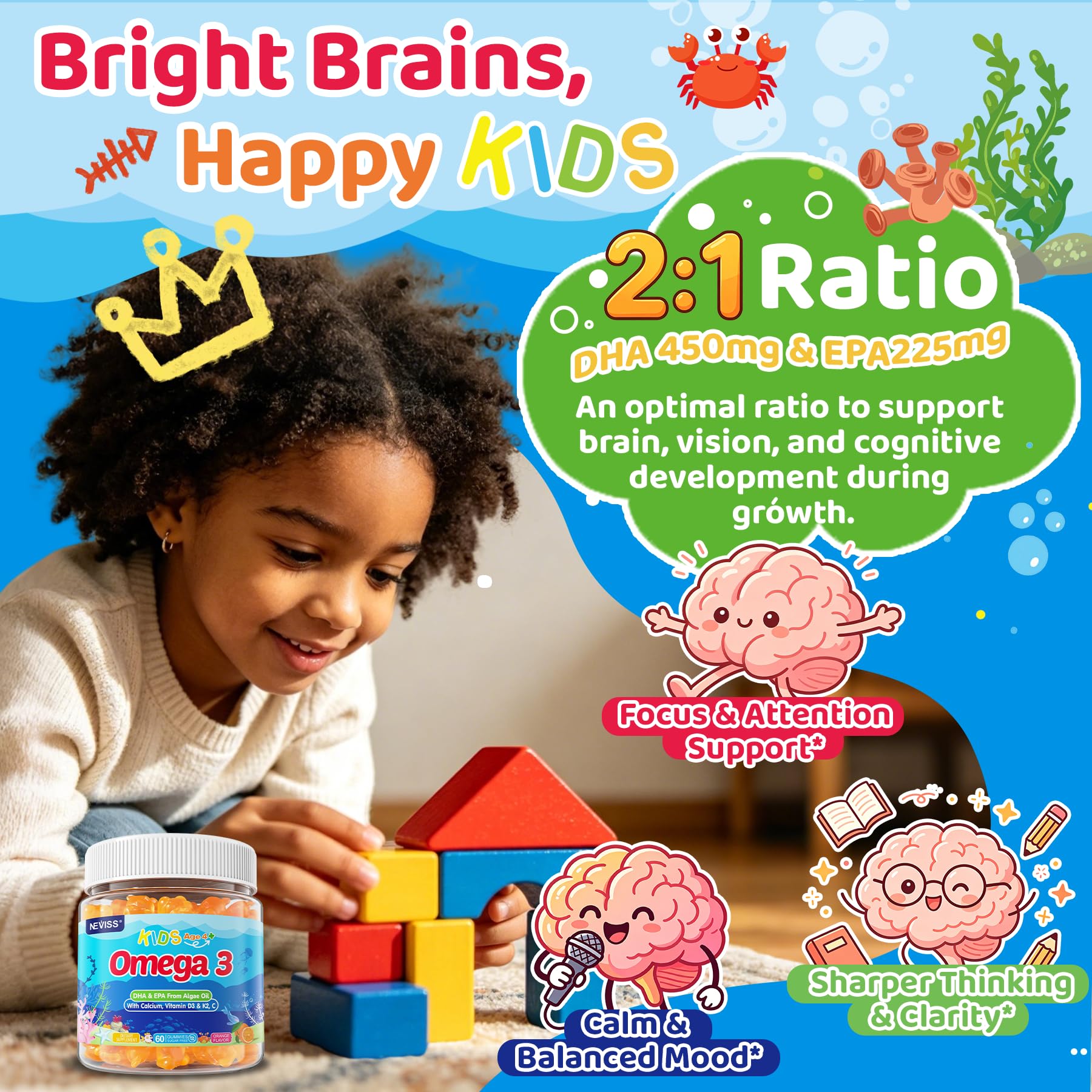 Kids Omega 3 Gummies + Calcium 400mg + Vitamin D3 K2 + C, Omega-3 DHA & EPA Supplement - No Fish Burps, No Sugar - Kids & Teens Omega 3 + Multivitamin Gummy for Strong Bones, Brain, Immune, Eye, 2Pack - PrimeBioHealth - canada supplements