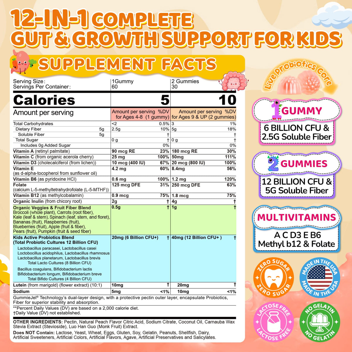 Kids Probiotic + Prebiotic Fiber Gummies 5G, 12 Billion CFU Probiotic & Veggie Fruit Fiber, w/ Organic Inulin, Methyl B12 B6 D3 C, Lutein for Children's Digestive & Gut, - PrimeBioHealth - canada supplements