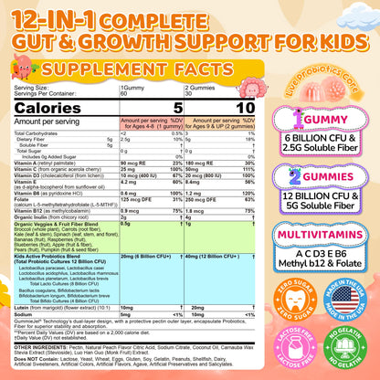Kids Probiotic + Prebiotic Fiber Gummies 5G, 12 Billion CFU Probiotic & Veggie Fruit Fiber, w/ Organic Inulin, Methyl B12 B6 D3 C, Lutein for Children's Digestive & Gut, - PrimeBioHealth - canada supplements