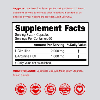L Arginine L Citrulline Supplement 3000mg (240 Capsules) Nitric Oxide Pills for Men - Stamina, Endurance, Performance for Workouts - NO Supplements for Men - PrimeBioHealth - canada supplements