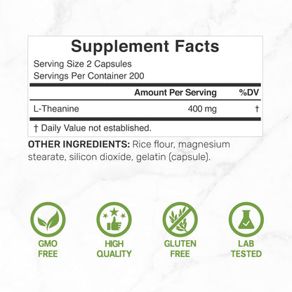 L-Theanine 400mg, 400 Capsules – Extra Strength Theanine Supplement – Amino Acids for Focus & Relaxation Support – Non-GMO & Gluten Free - PrimeBioHealth - canada supplements