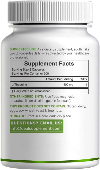 L-Theanine 400mg, 400 Capsules – Extra Strength Theanine Supplement – Amino Acids for Focus & Relaxation Support – Non-GMO & Gluten Free - PrimeBioHealth - canada supplements