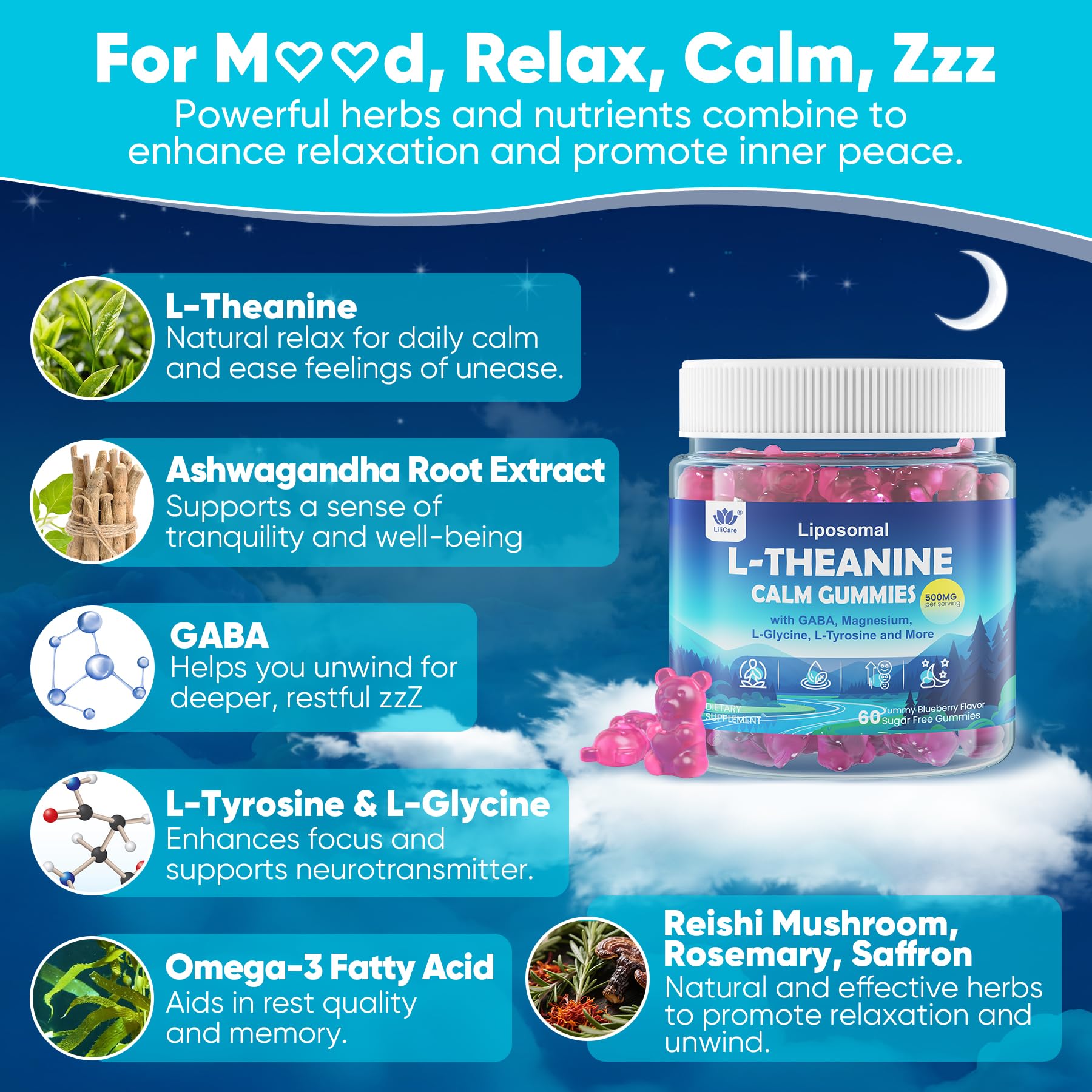 L Theanine Calm Gummies 500mg, Sugar-Free Liposomal L-Theanine Supplement, w/Safforn, Magnesium Glycinate, GABA, Ashwagandha, Algae Omega-3, Vitamin D3 B12 - PrimeBioHealth - canada supplements