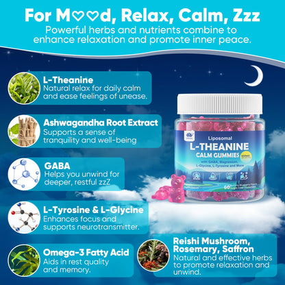 L Theanine Calm Gummies 500mg, Sugar-Free Liposomal L-Theanine Supplement, w/Safforn, Magnesium Glycinate, GABA, Ashwagandha, Algae Omega-3, Vitamin D3 B12 - PrimeBioHealth - canada supplements