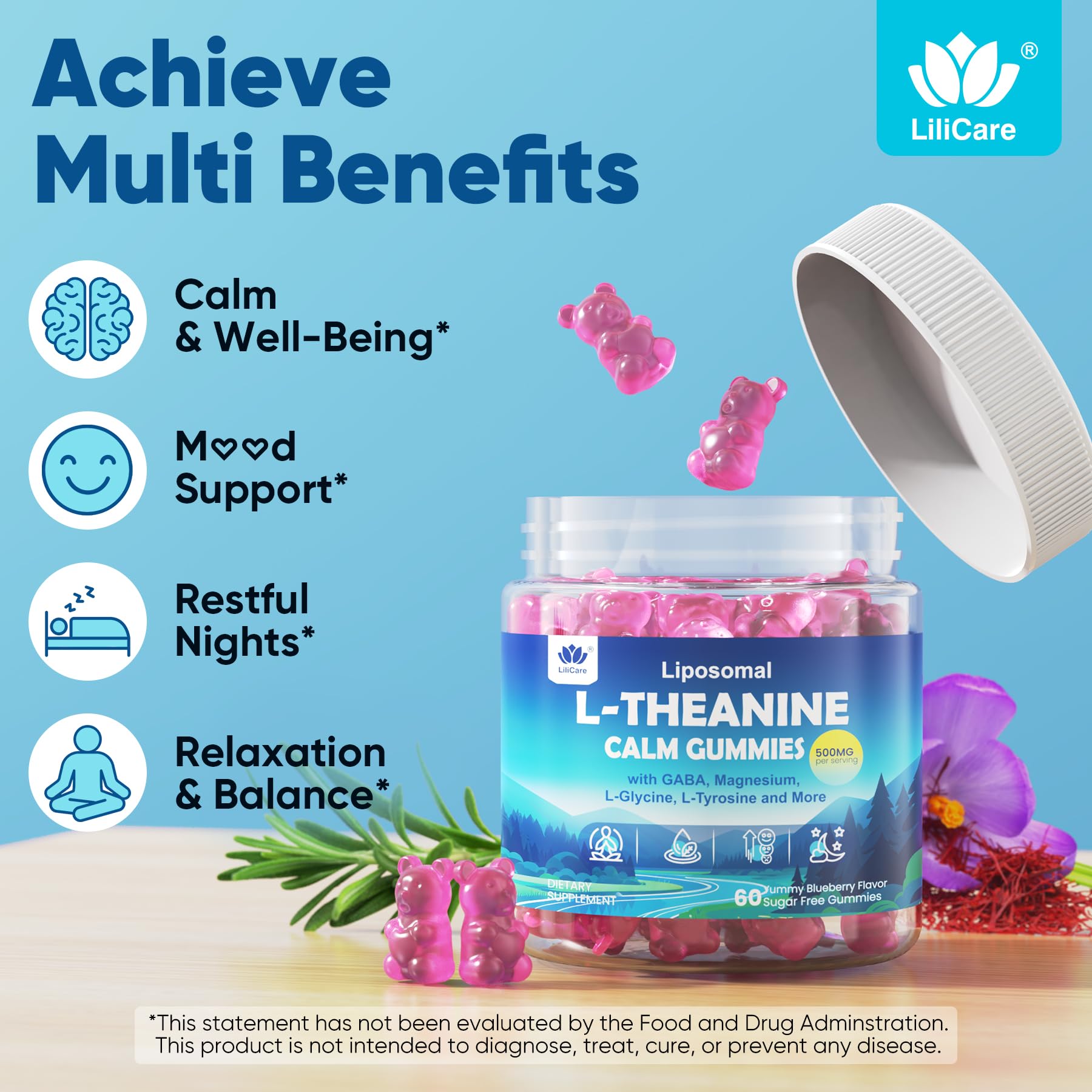 L Theanine Calm Gummies 500mg, Sugar-Free Liposomal L-Theanine Supplement, w/Safforn, Magnesium Glycinate, GABA, Ashwagandha, Algae Omega-3, Vitamin D3 B12 - PrimeBioHealth - canada supplements