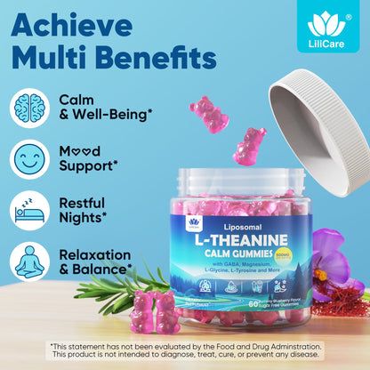 L Theanine Calm Gummies 500mg, Sugar-Free Liposomal L-Theanine Supplement, w/Safforn, Magnesium Glycinate, GABA, Ashwagandha, Algae Omega-3, Vitamin D3 B12 - PrimeBioHealth - canada supplements